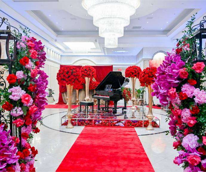 Elegant ballroom with high ceilings and modern decor